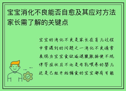 宝宝消化不良能否自愈及其应对方法家长需了解的关键点